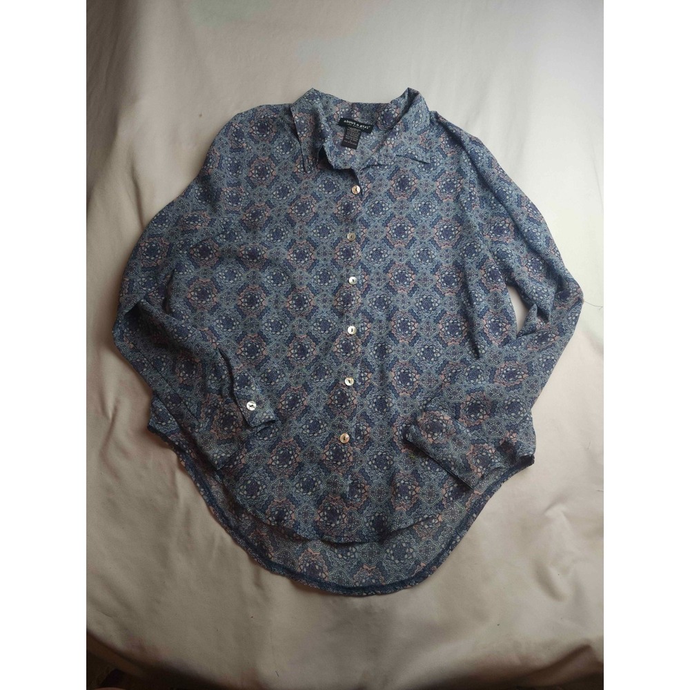 About A Girl Button Down Shirt Womens Large Blue Floral Bohemian Long Sleeve